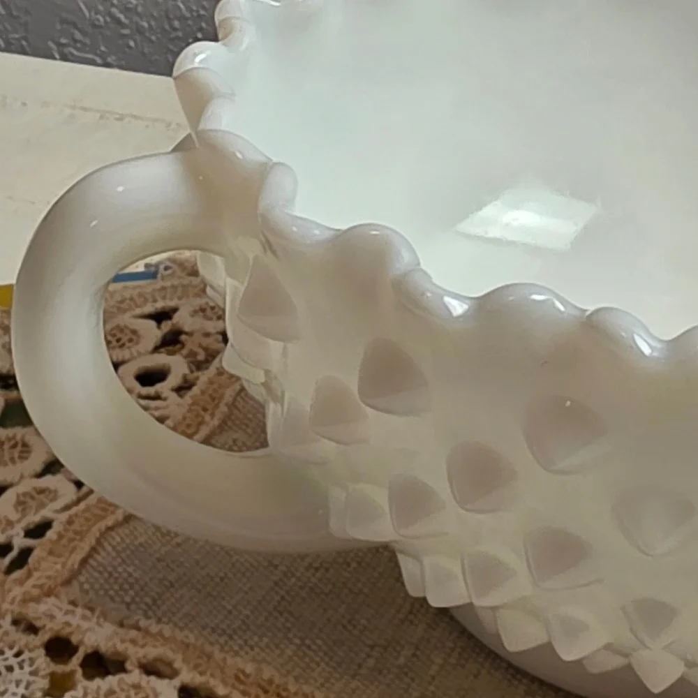 Vintage Fenton Milk Glass Hobnail Candy‎ Dish Double Handled Crimped Edge